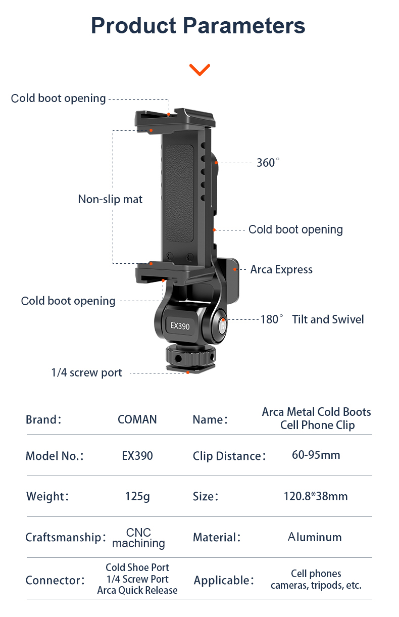Coman EX390 Metal Phone Mount Universal for Tripod with 360° Adjustment